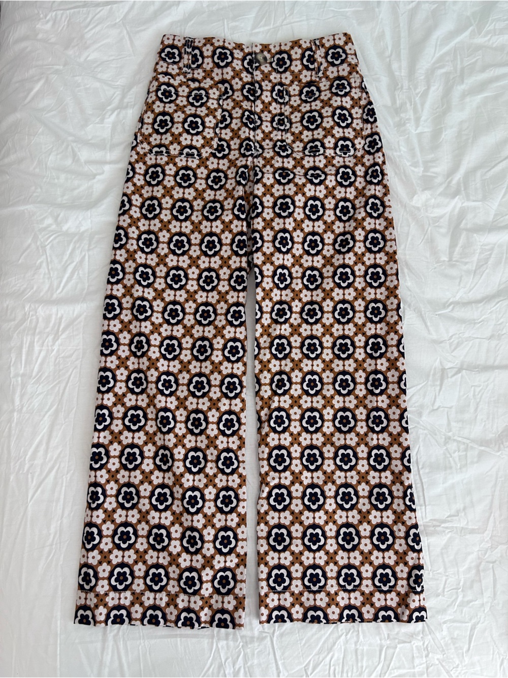 Anthropologie Maeve Floral Wide-Leg Pants in Cream, Brown & Navy